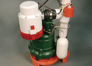 A cast-iron Zoeller&reg; sump pump with battery backup and pump stand